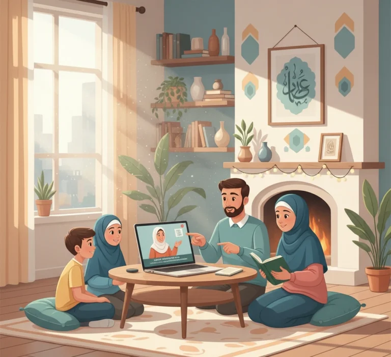 Muslim family attending an online Quran class at home with a teacher on laptop screen