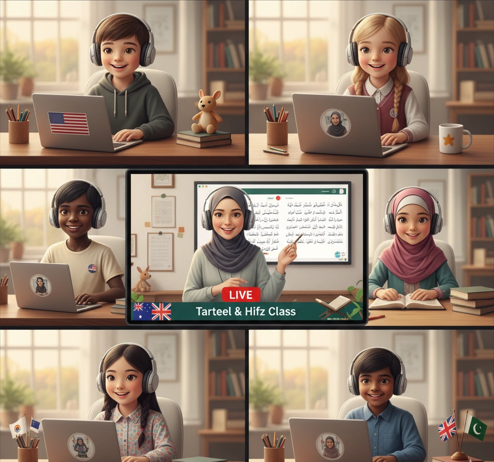 Children attending live online Quran class with female teacher, Tarteel and Hifz lessons for kids worldwide