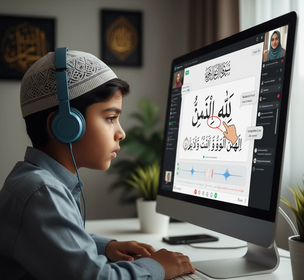 Muslim boy taking online Quran Tajweed lesson on computer, virtual Arabic and Quran recitation class