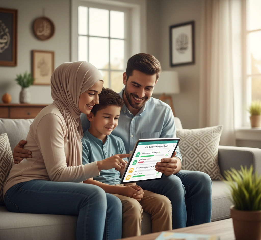 Muslim family reviewing child’s Quran learning progress report on tablet, Islamic education at home