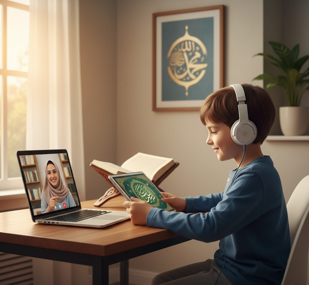 Boy learning Quran online with female tutor via video call, Islamic eLearning class for kids at home