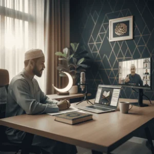 Certified Quran tutor teaching adults online through laptop video call
