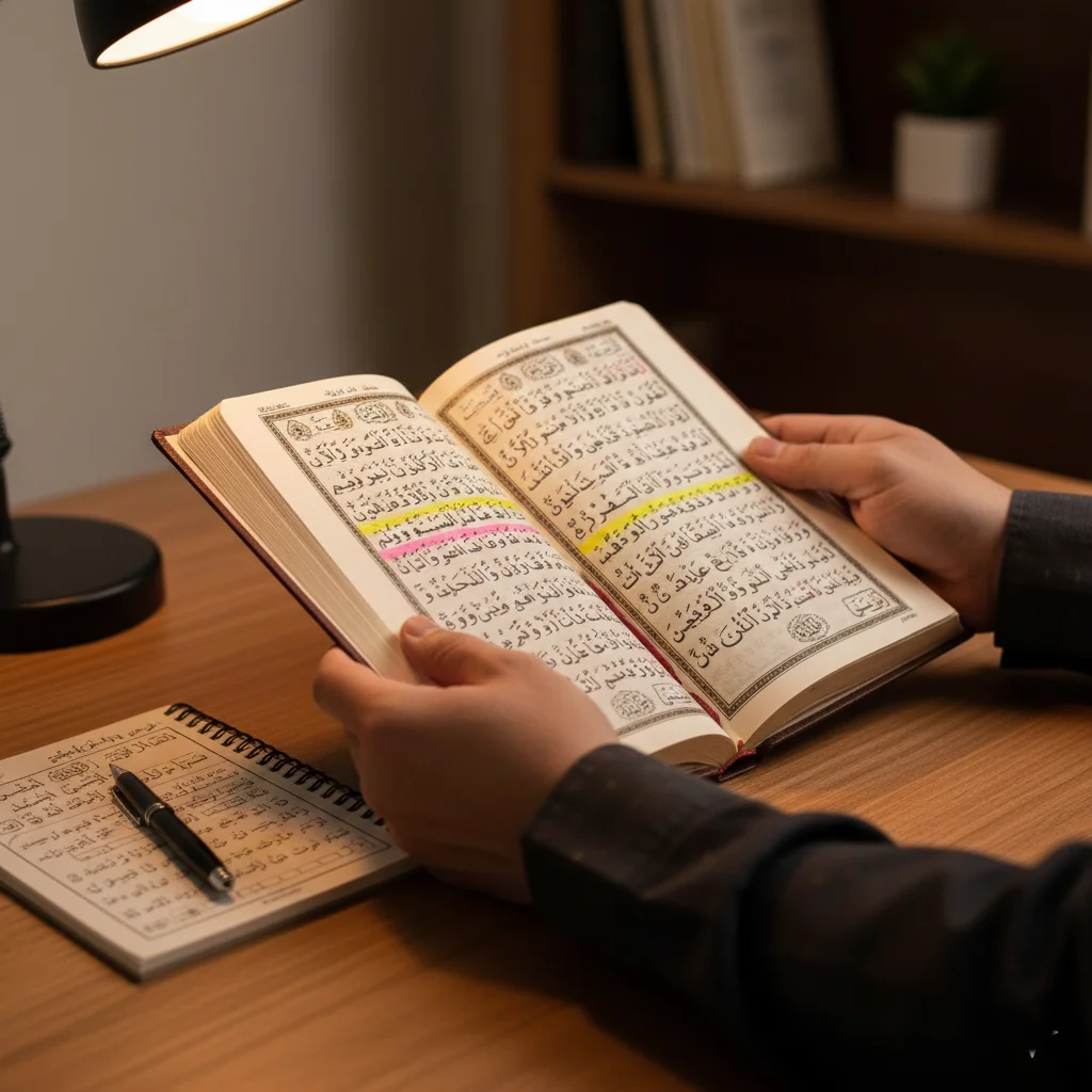 A person holding an open Quran with highlighted verses while sitting at a desk with a notebook and pen. The desk is illuminated by a desk lamp.