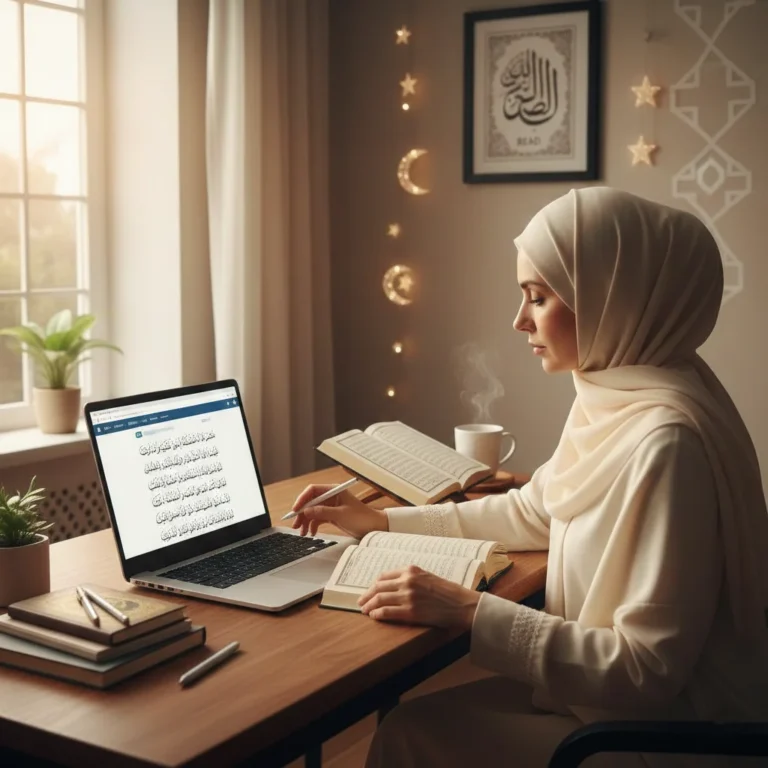 A woman in a hijab reading the Quran with a laptop open beside her. She is studying in a cozy room with a cup of tea, surrounded by decorative stars and crescent moons.