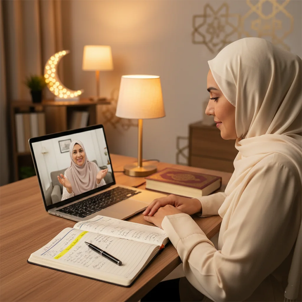 A woman in a beige hijab attending an online Quran class via video call, sitting at a desk with notebooks, a pen, and a lamp.