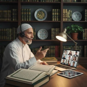 Quran tutor teaching students online with open Quran and calm study setup.