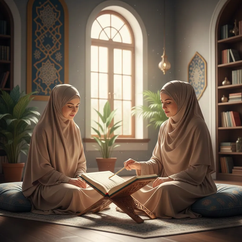 Two women practicing Quran recitation together, learning Tajweed and improving pronunciation in a peaceful setting.