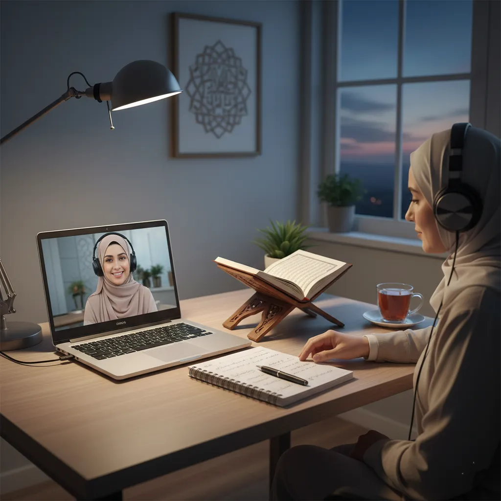 Adult woman studying Tajweed in an online Quran class, practicing Quran recitation at home with a tutor.