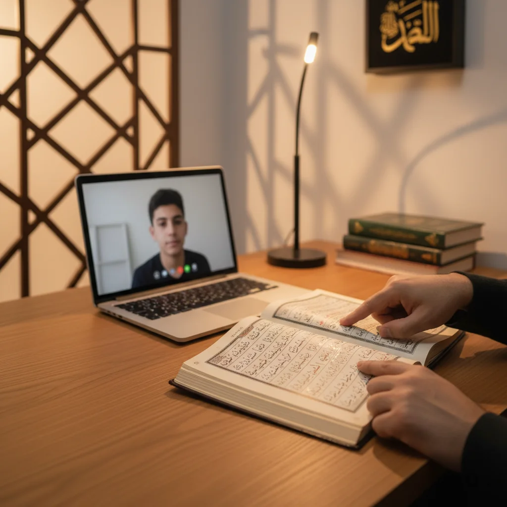 A child learning the Quran online from a tutor through a video call, with an open Quran on the desk