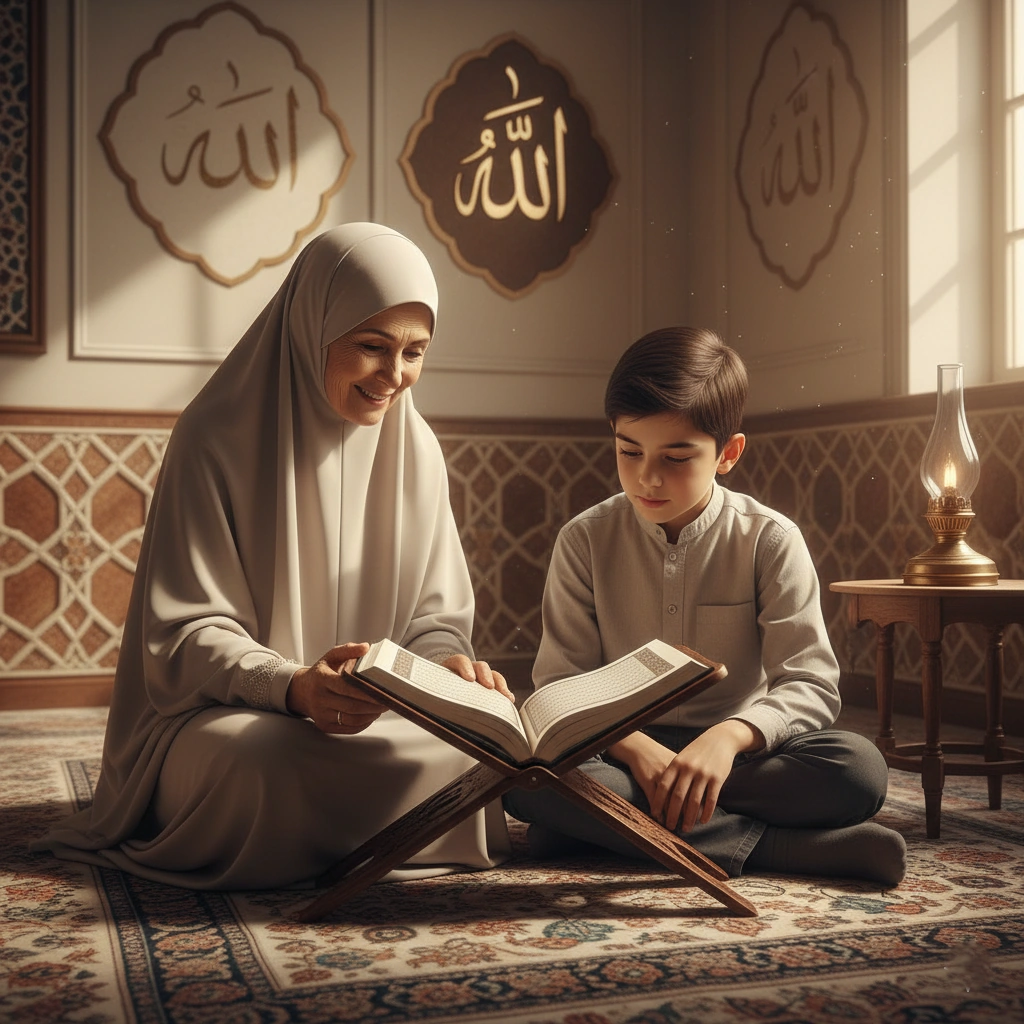 Mother teaching her child the Quran with care and devotion at home.