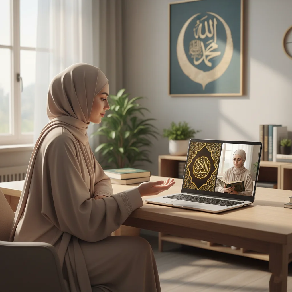 Online Quran Learning SessionPerson learning the Quran online through a video call, with an open Quran on the desk and Islamic decor in the background.