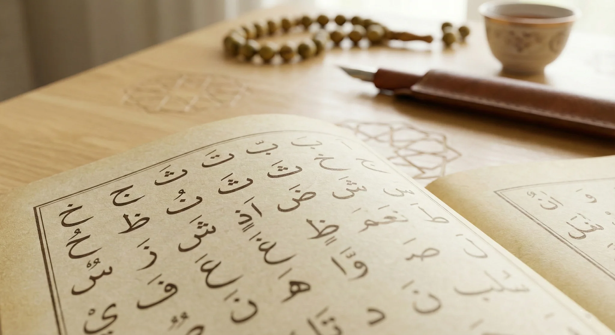 A close-up view of an open Quran with Arabic script, a prayer bead, and a cup on a wooden table.