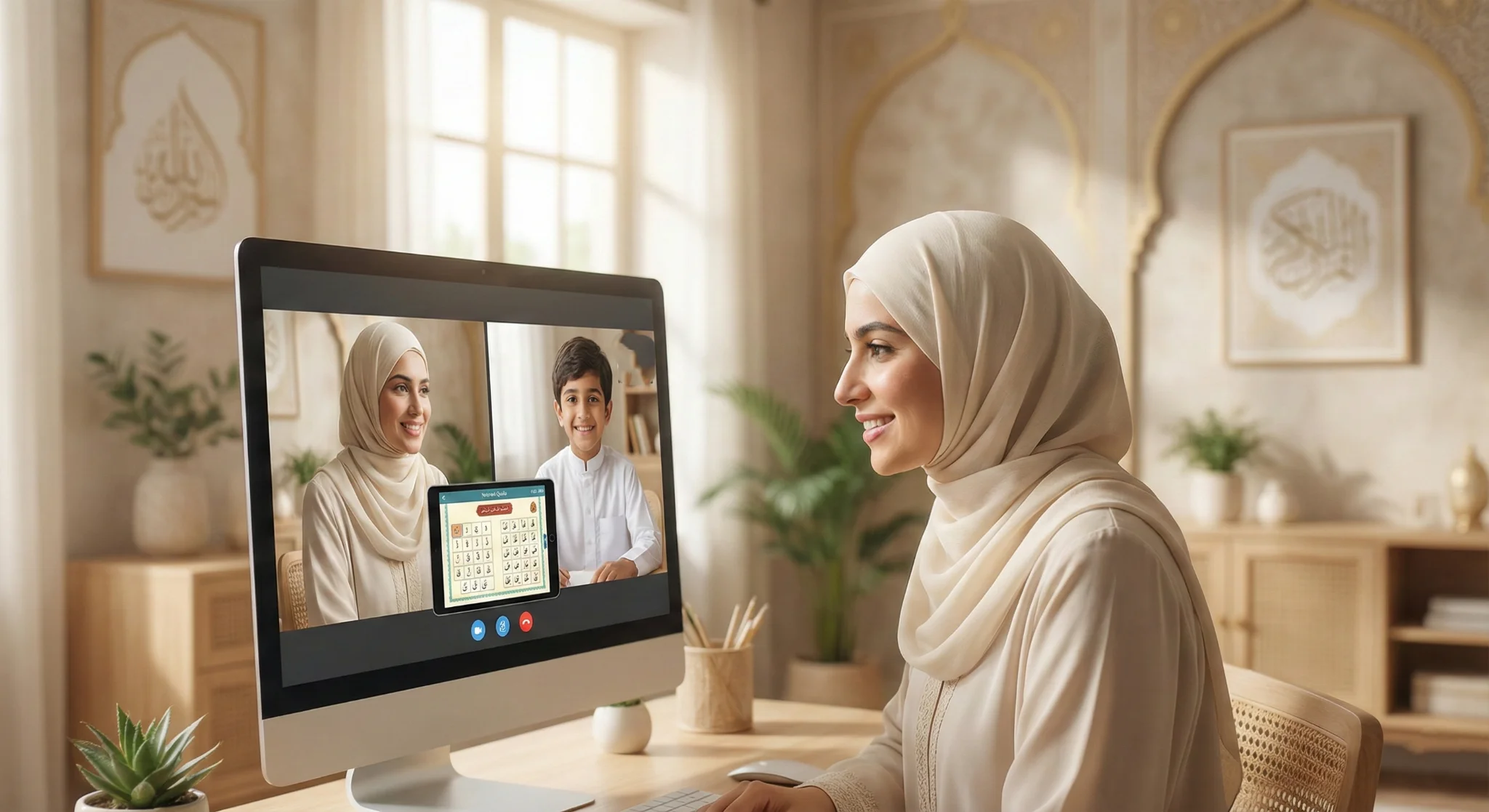 A woman in a hijab teaching a child Quran through a video call on a computer.