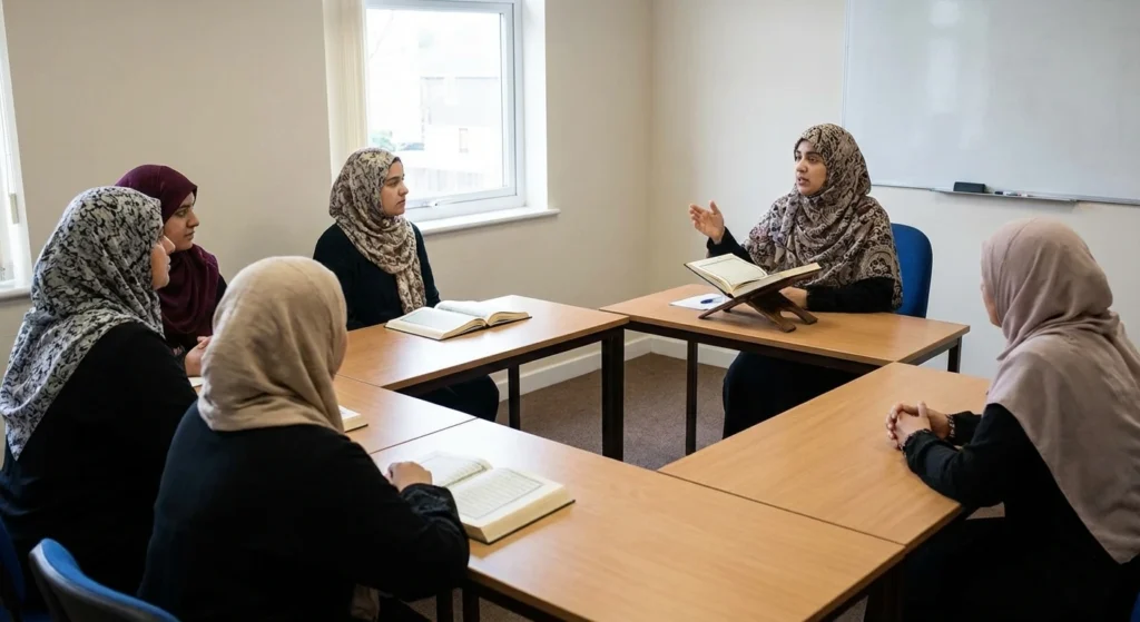 Group Quran class with adult learners receiving limited individual Tajweed correction