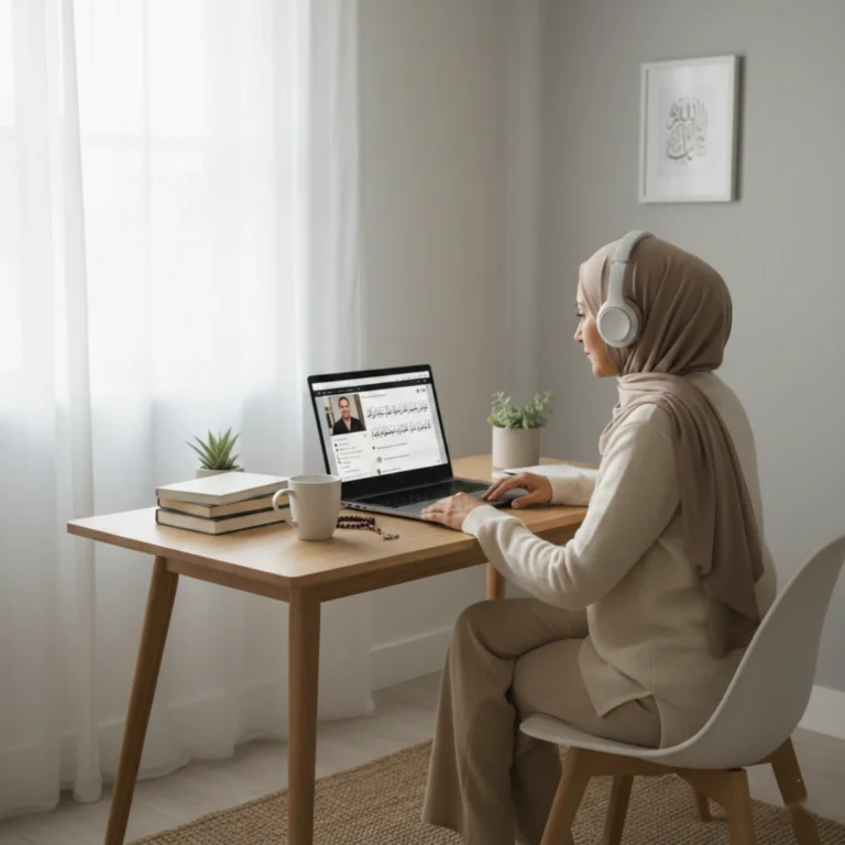 Adult learner studying the Quran with Tajweed using an online lesson and printed Mushaf at home