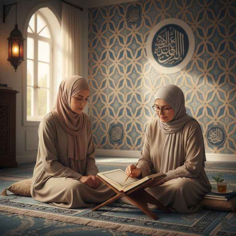 Adult learner attending a one-on-one online Quran lesson with a qualified tutor