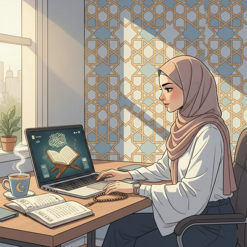 Busy professional learning Quran online at a laptop with digital mushaf and notebook in a calm workspace.