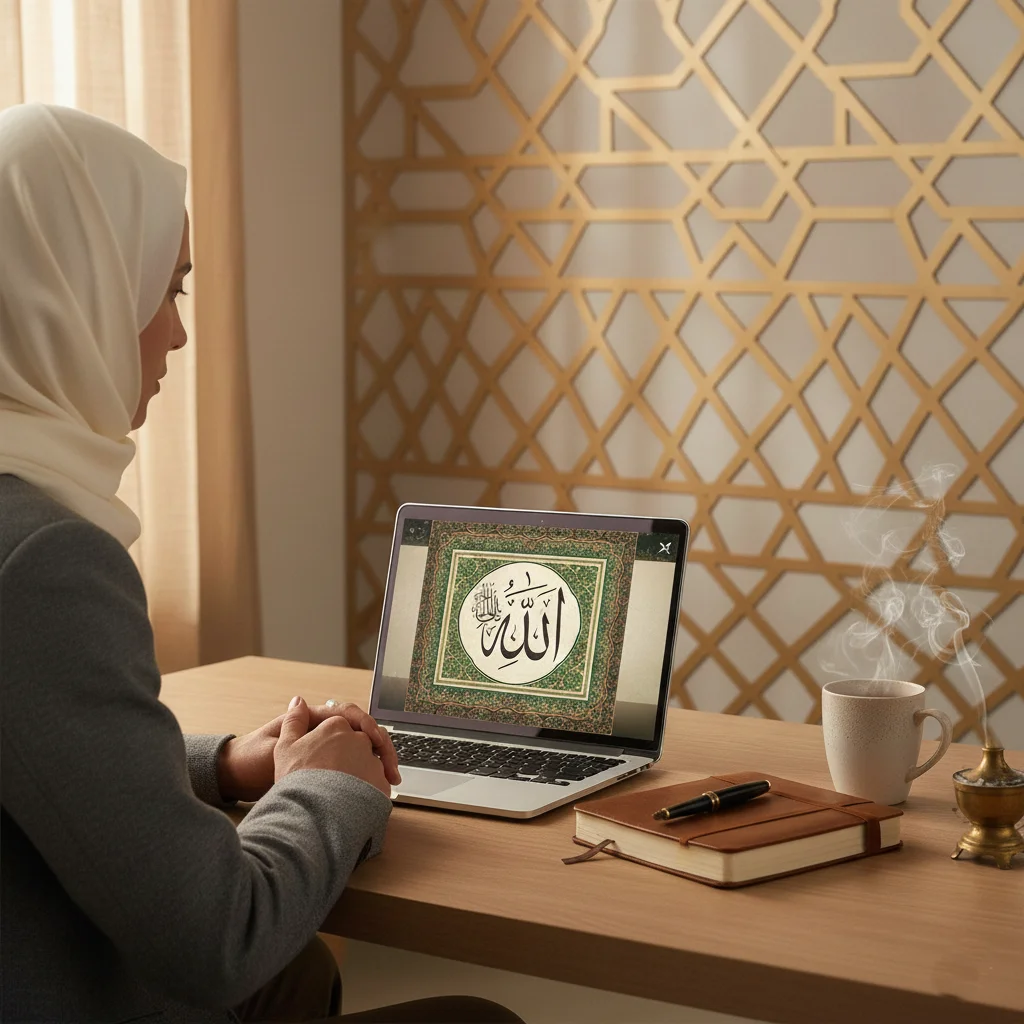 Adult professional taking a short online Quran lesson during a break, using a tablet in a quiet corner.