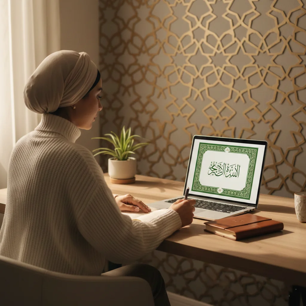 Busy professional listening to Quran recitation with earbuds while walking, capturing micro-learning moments during the day.