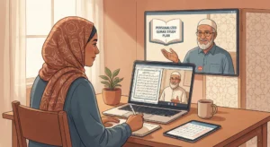 A peaceful study desk with a tablet displaying Quran text, an open notebook of Quran study goals, headphones, and a printed mushaf.