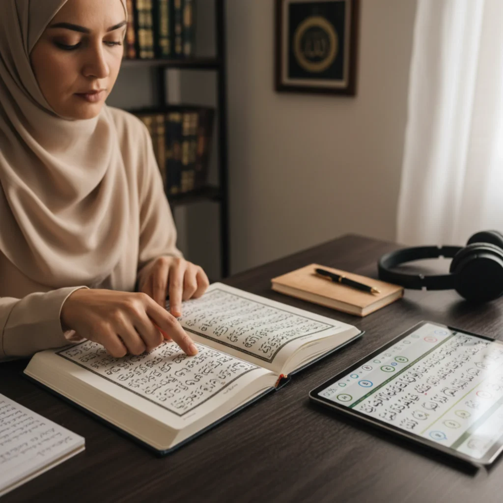 Adult Muslim learner attending an online Quran Tajweed class with headphones in a quiet home environment