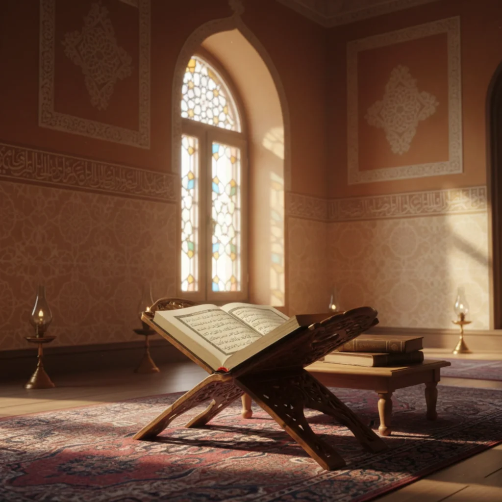 Open Quran placed on a wooden rehal inside a serene mosque-style learning environment