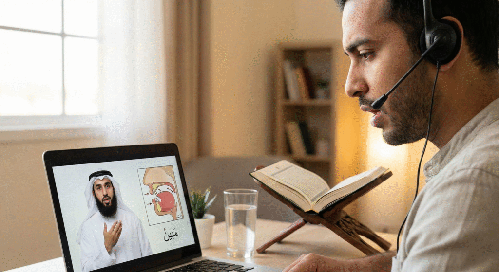 Adult learner reciting Quran during an online class while receiving corrections from a native Arab tutor using digital pronunciation guides.