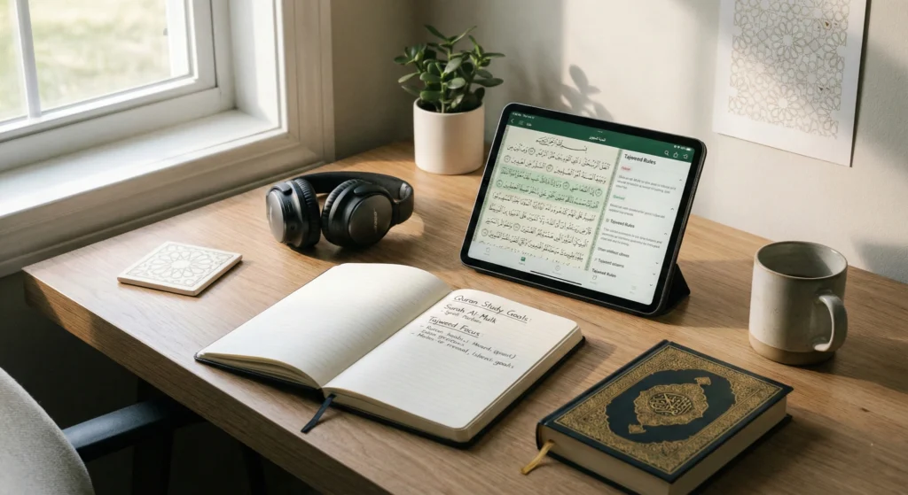 An illustration of a woman learning Quran online with a tutor showing a personalized study plan on screen.