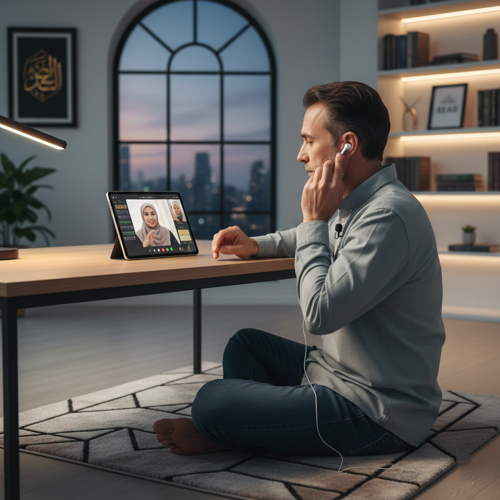 Adult learner confidently reciting Quran during a private online class with structured study setup