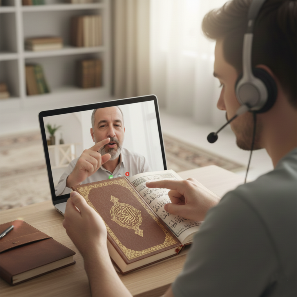 Beginner learning Arabic letters through an online Quran class using a tablet with teacher guidance