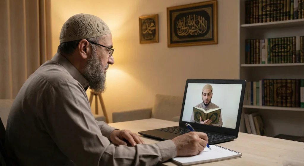 An online Quran lesson where an adult student recites from the Quran while the tutor listens and takes notes during a video call.