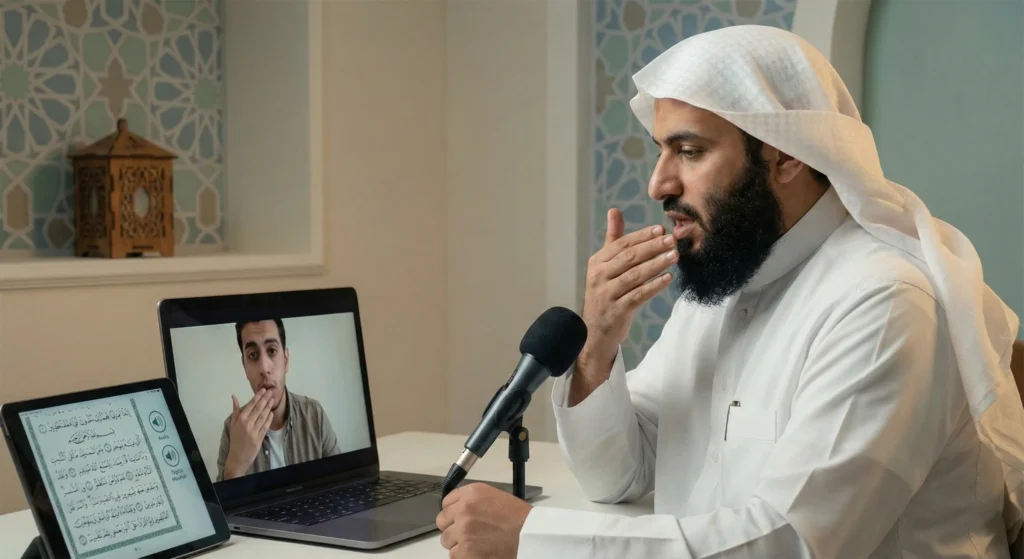 Adult student learning Quran online with a native Arab tutor giving precise Tajweed guidance during a video call.