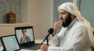 Adult student learning Quran online with a native Arab tutor giving precise Tajweed guidance during a video call.