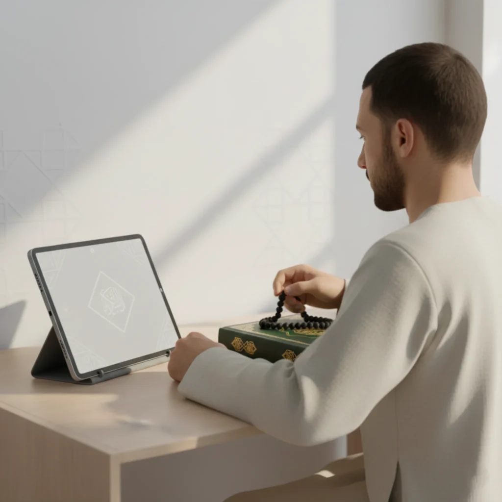 Adult Muslim man attending an online Quran class from home with organized study space