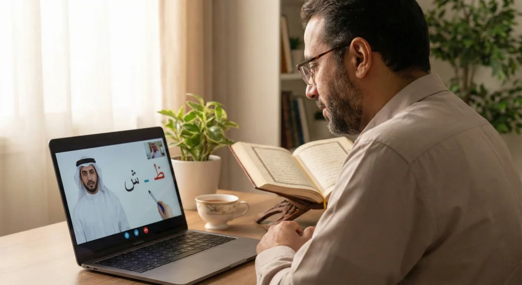 Native Arab Quran tutor demonstrating makharij sounds through a video call with Arabic pronunciation diagrams on screen.