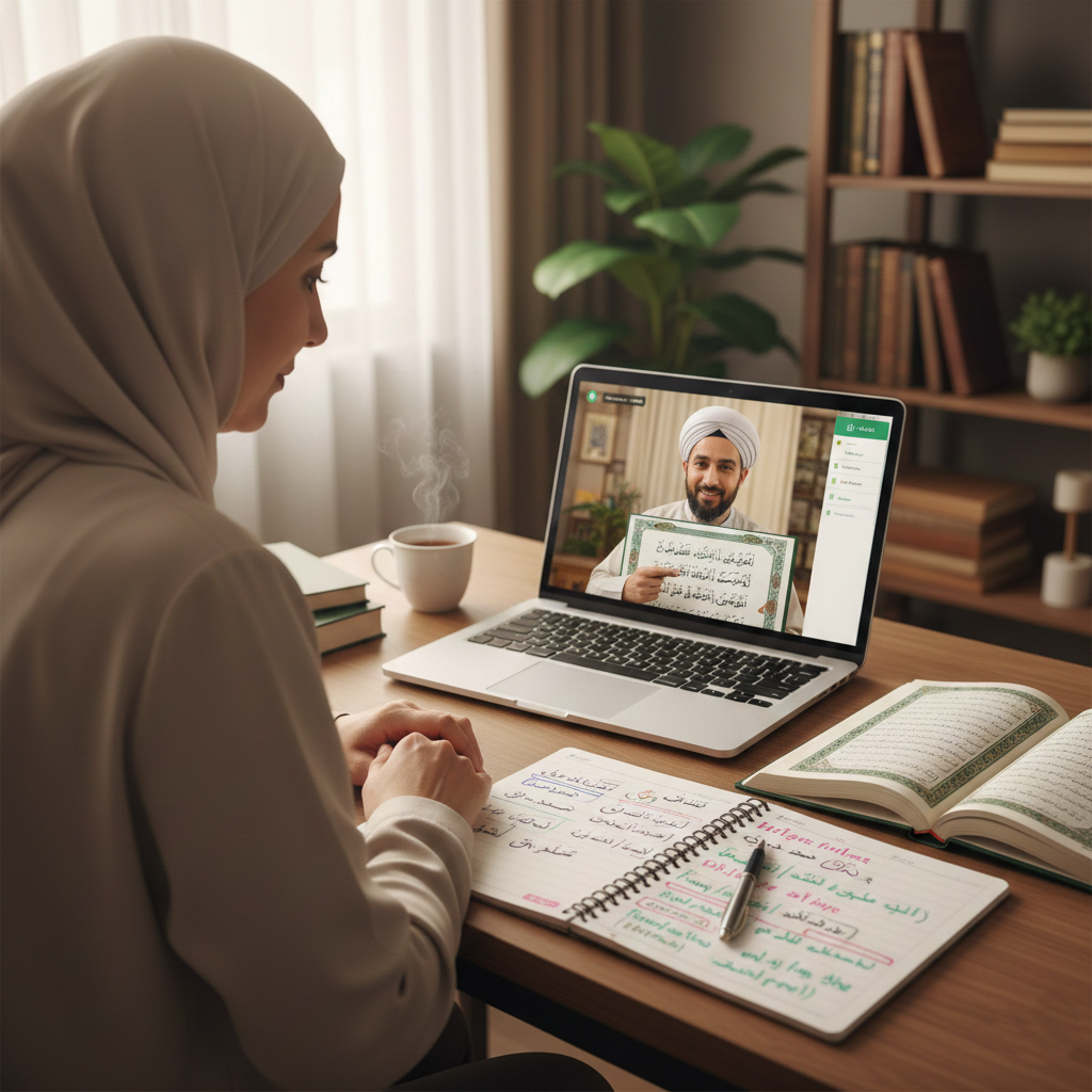 Quran tutor guiding adult student on correct pronunciation during private Tajweed session