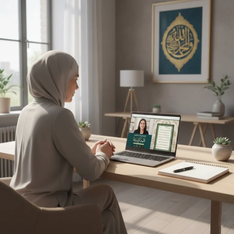 Adult learner attending an online Quran class at home using a tablet with focused study setup