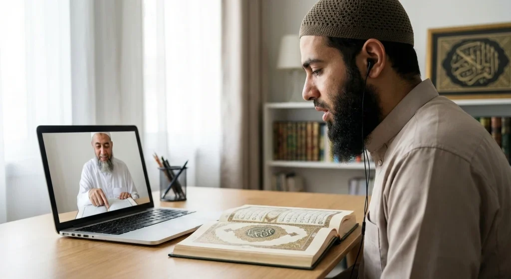 One-on-one online Quran class where an adult learner practices Tajweed with a qualified tutor