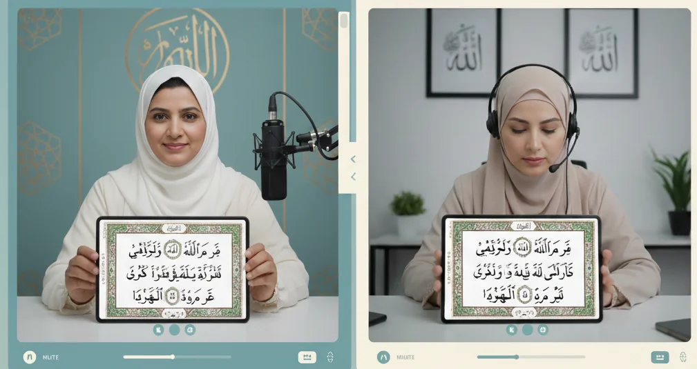 One-on-one online Quran class with a Tajweed teacher guiding pronunciation during a live session