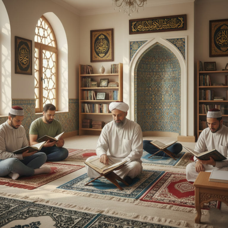 "Islamic Quran class with adults and teens learning together."