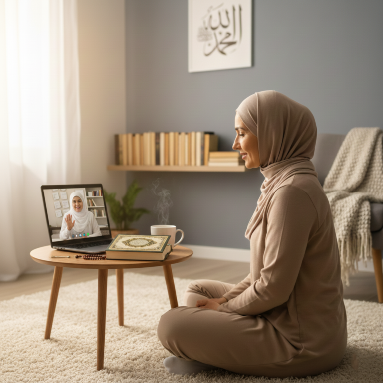 Adult student attending an online Quran class from home with focused attention