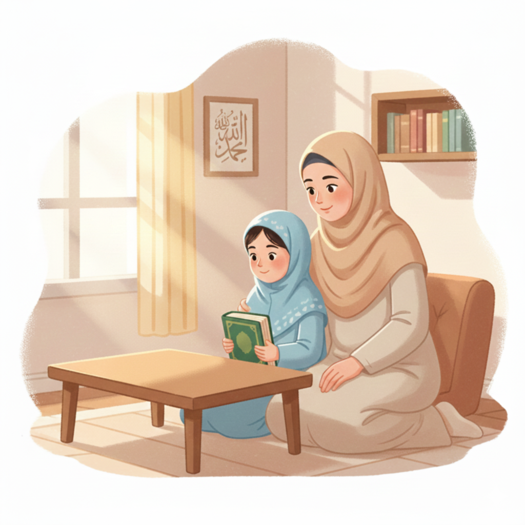 Parent guiding a child during an online Quran learning session at home