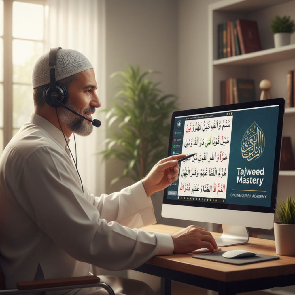 Qualified Quran teacher conducting an online lesson with clear Tajweed instruction