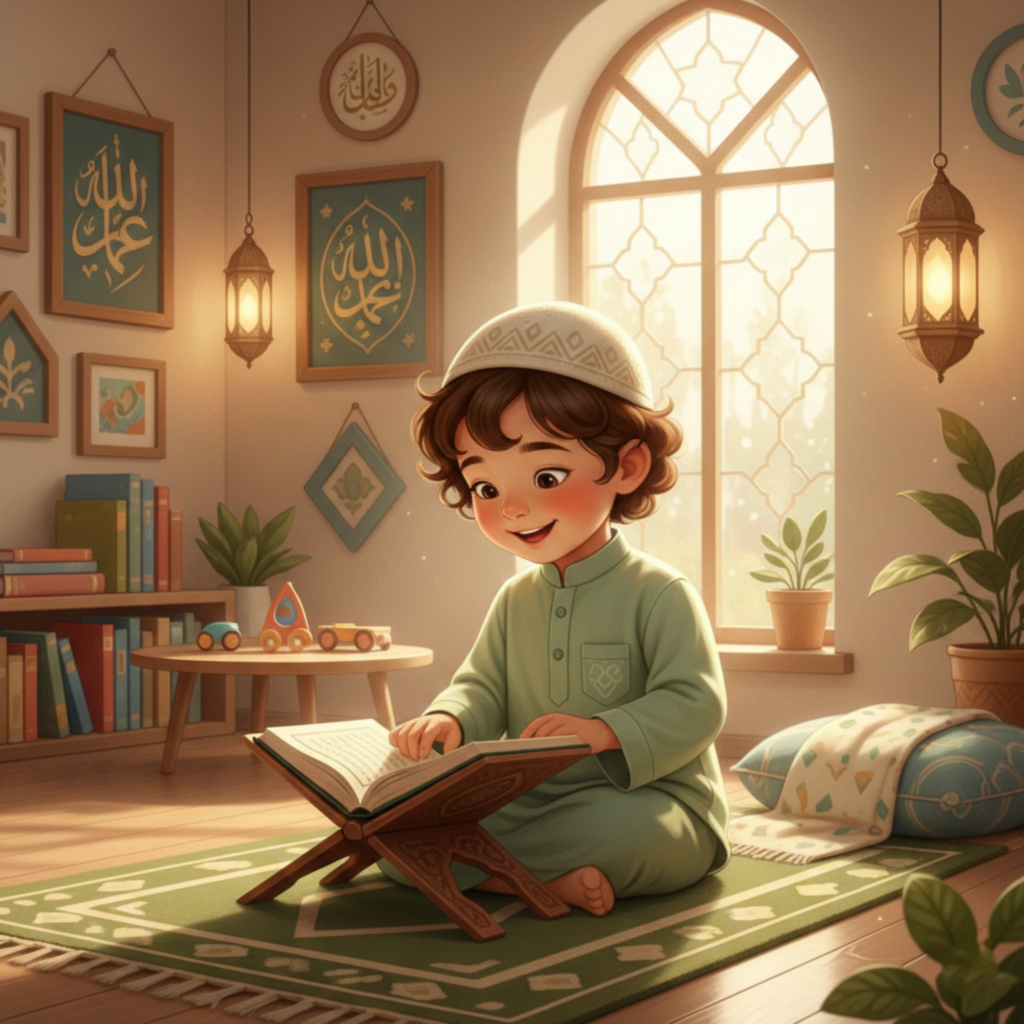 llustration of a young child wearing traditional clothing, sitting on a prayer mat and reading the Quran from a wooden stand in a softly lit room with Islamic decor and Arabic calligraphy.