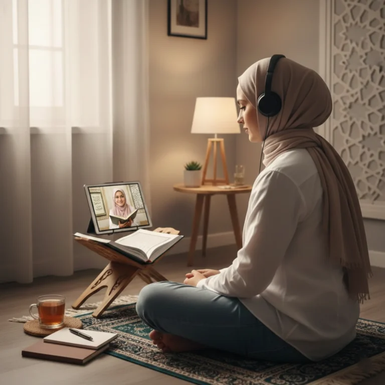 Adult Muslim woman learning Quran online with a tutor at home