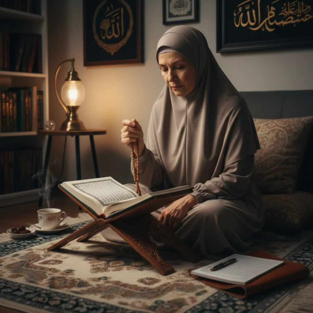 Adult Muslim woman reciting Quran with focus and reflection at home