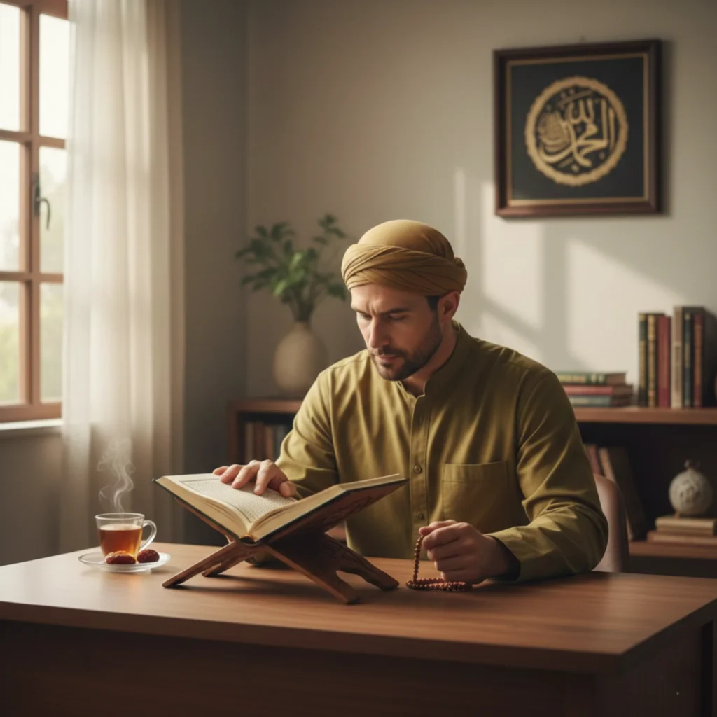 Adult Muslim man studying Quran at home in a peaceful environment