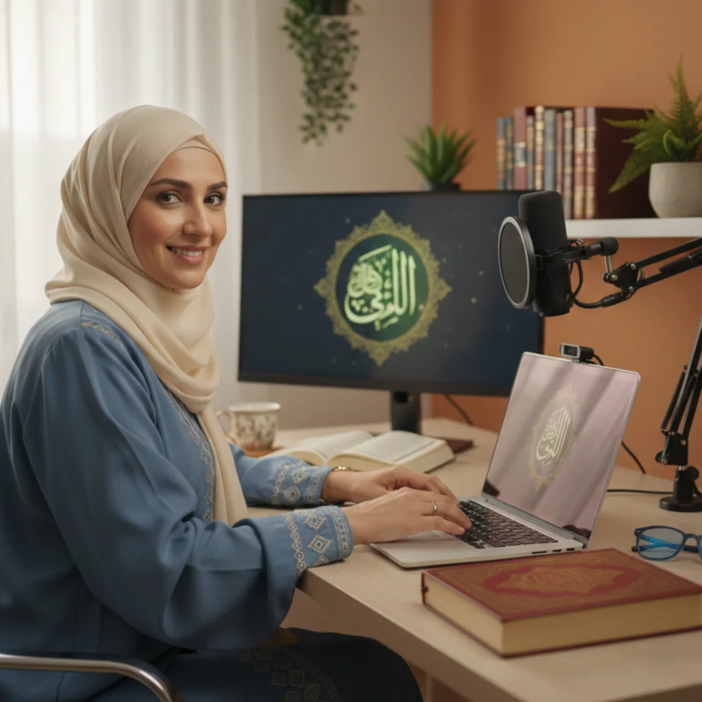 Female Quran teacher conducting a professional online Quran class