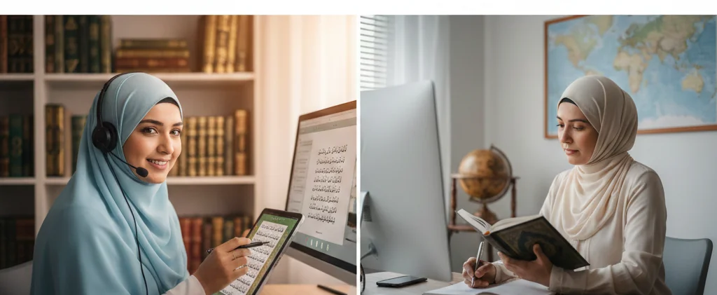 Professional woman attending an online Quran course from her home workspace