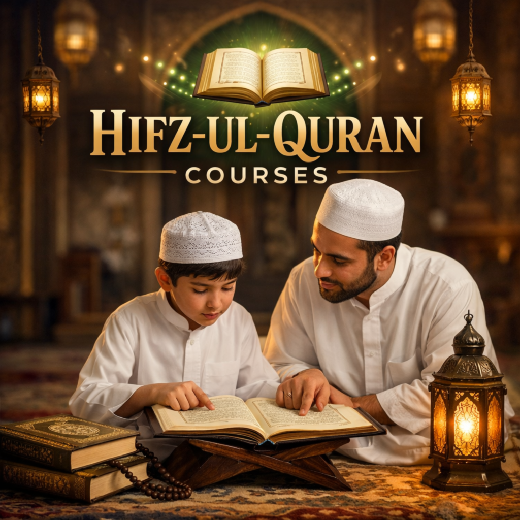 A Quran teacher and a young boy sitting on a prayer mat, reading and memorizing the Quran from a wooden stand inside a softly lit mosque with Islamic lanterns.